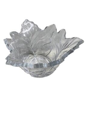 Vintage Leaf-Shaped Bowl Candle Holder Thick Clear Cut Glass